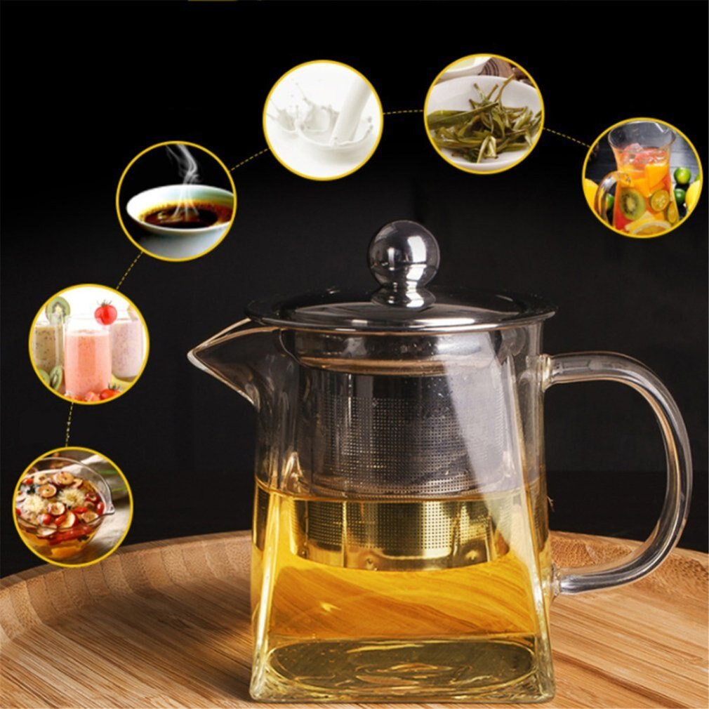 Hittebestendig Glas Theepot Met Roestvrijstalen Theefilter Verwarmde Container Thee Pot Goede Clear Ketel Vierkante Filter Manden