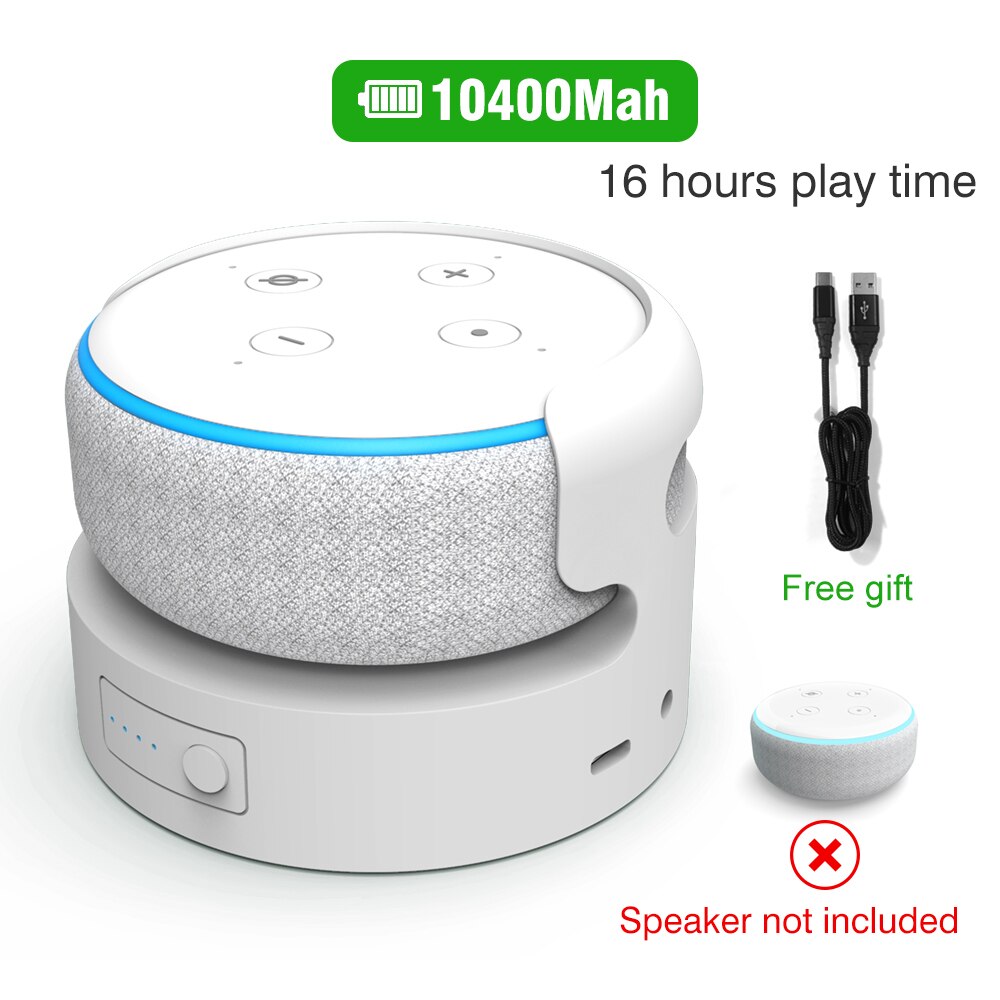 Battery pack for Echo Dot 3rd Gen Battery Base portable charger power bank For echo dot 3 Alexa Speaker 8 Hours play time: DT03 10400mAh White