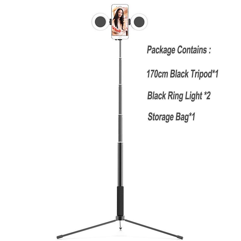 Support de bâton de Selfie ultra-léger de 170CM avec la Mini lumière d'anneau pour des accessoires de téléphone support de photographie en direct de trépied pliable NE070: Black Tripod 2 Light