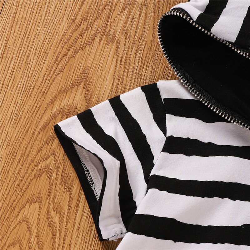 Infant Short Sleeve Romper Summer Baby Black White Stripe Patterns Zipper Open Front Hooded Jumpsuit for Boys and Girls