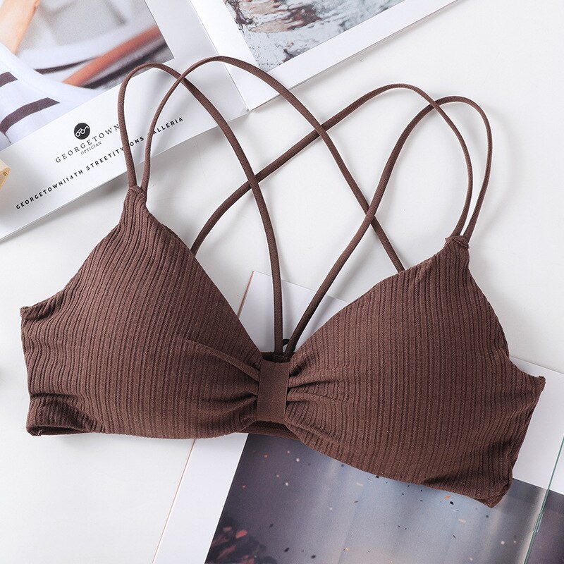 SVOKOR Stripe Bras For Women Push Up Lingerie Seamless Bra Backless Wire Free Bralette Cross Sling Tops Wnderwear: Brown