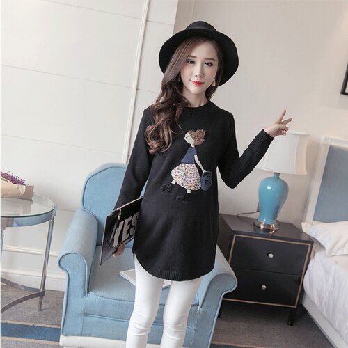 Cartoni animati Natura Stampa Maglie E Maglioni Manica Lunga Maternità Vestiti di Inverno Delle Donne Più Il Formato in Maglia Maglione Autunno Gravidanza Maglione: nero / M.