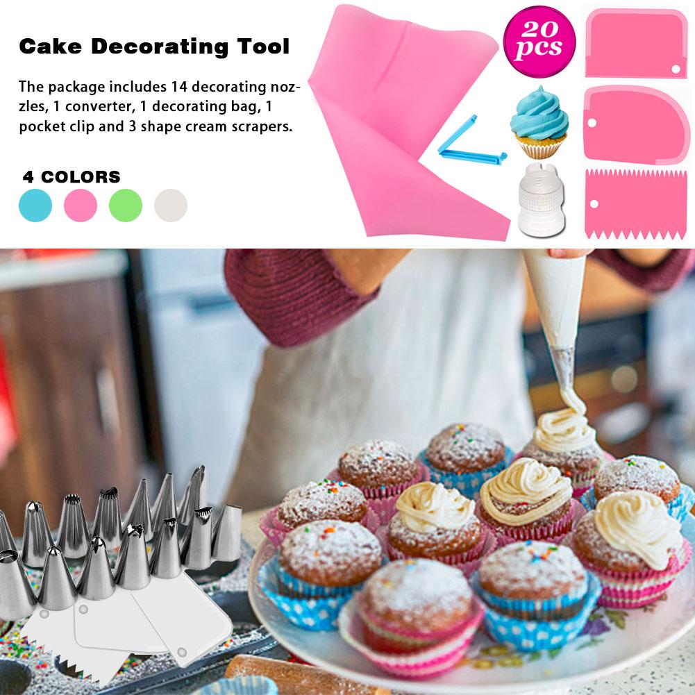 Juego de 20 unidades de boquillas para manga pastelera, bolso de hojaldre de silicona, Kit de herramientas de decoración de tartas, accesorios de cocina reutilizables para manga pastelera DIY