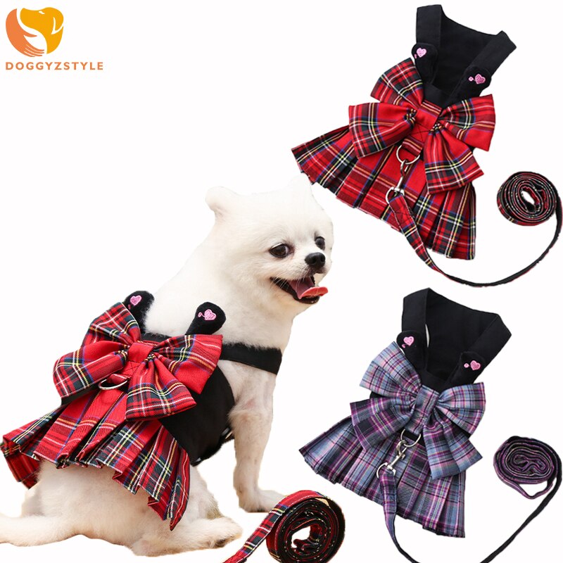 Vestidos para perro o mascota, conjunto de arnés y correa con lazo bonito, ropa de verano a cuadros con anilla para correa para perros pequeños y medianos