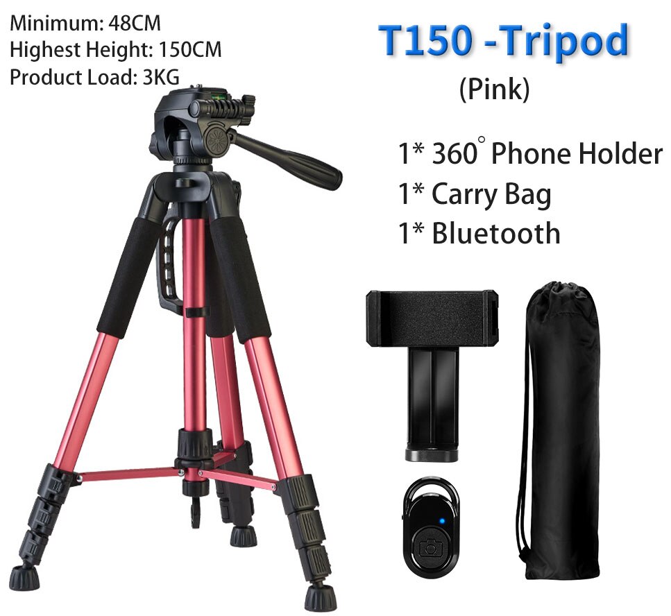 180cm kamerastativ til telefon med bæretaske fotografering mobiltelefonstativ med bluetooth fjernbetjening til video/dslr/canon: T150 lyserøde alle