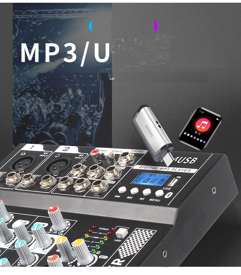 Mini Audio Mixer Karaoke Mixing Console Sound Bluetooth Record Computer Playback 48v Phantom Power Delay Repaeat Effect BT Mixin