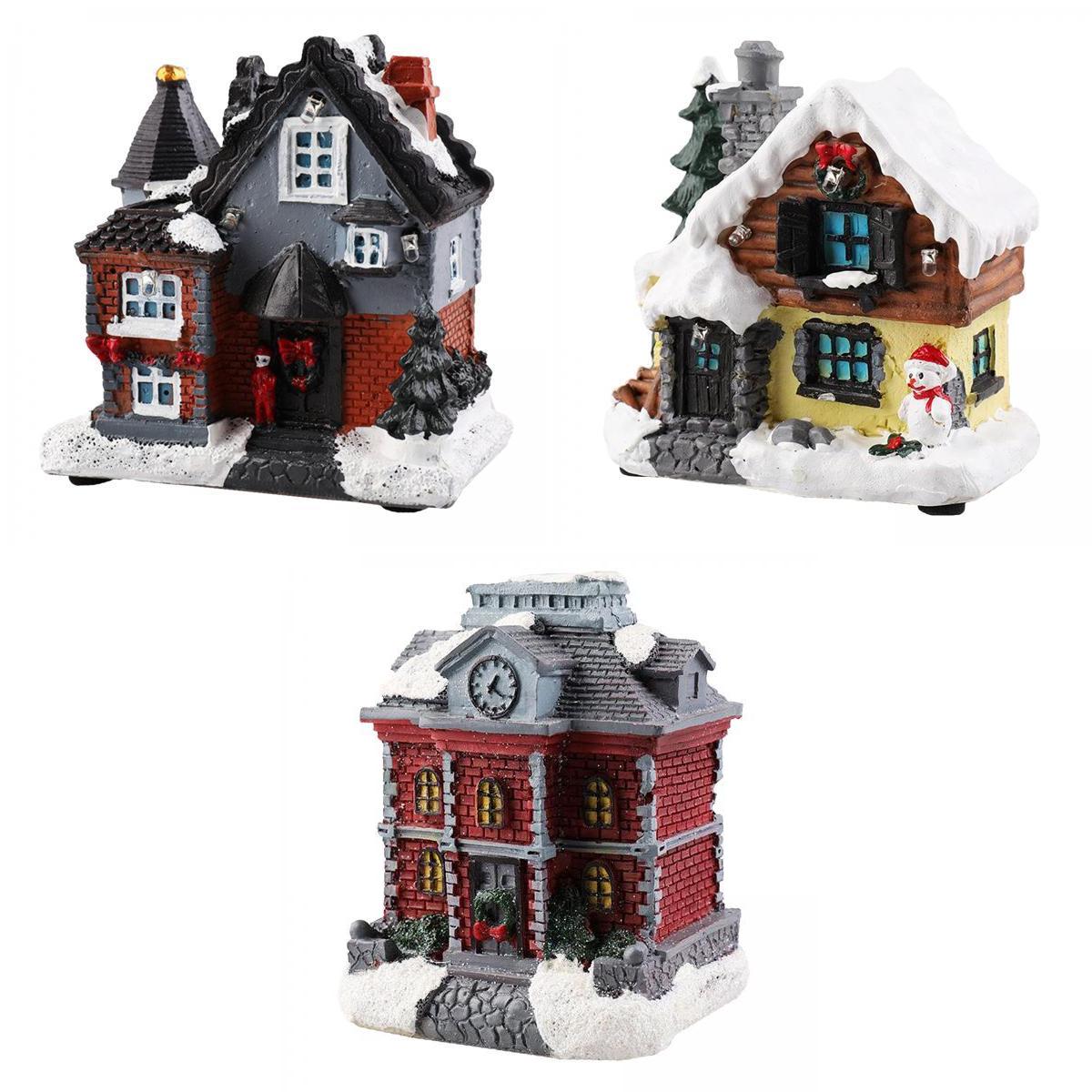 3Pieces LED Light Up Christmas House Village Home Desktop Decor Statue House Tree Display Platform Rustic Snow Country Xmas