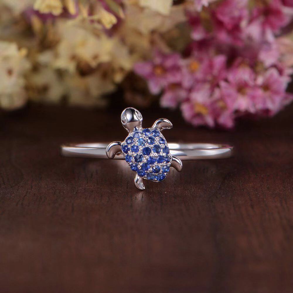 Anillos tortuga con incrustaciones de circonita azul a la para mujer anillo de boda Vintage tortuga Animal anillo océano playa joyería