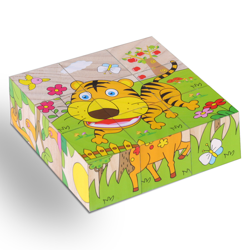 High Grade Six-face Picture Wooden Jigsaw 3D Puzzle Toys Children's Early Educational Toy Cube Jigsaw Puzzle Baby Kids: Forest animals-Tiger