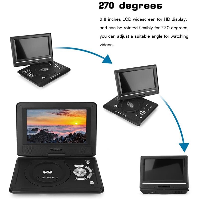 9,8 Zoll Tragbare Hause Auto DVD Spieler Drehbare VCD CD Spiel TV Spieler Radio Adapter Unterstützung FM Radio Empfang-UNS Stecker