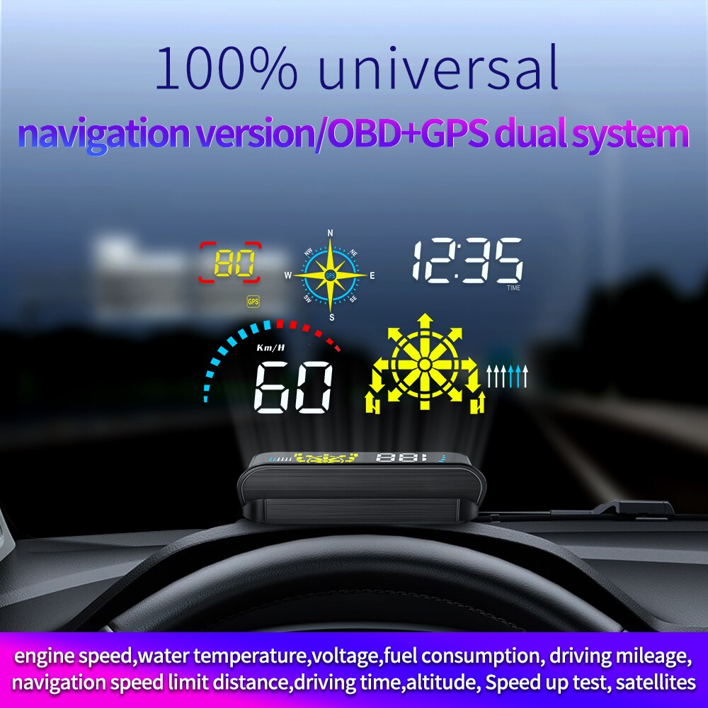 Universal GPS Navigation HUD Projector On Car Glass Digital Car Speedometer Head Up Display OBD2 Water &amp; Oil Temp RPM Auto Alarm