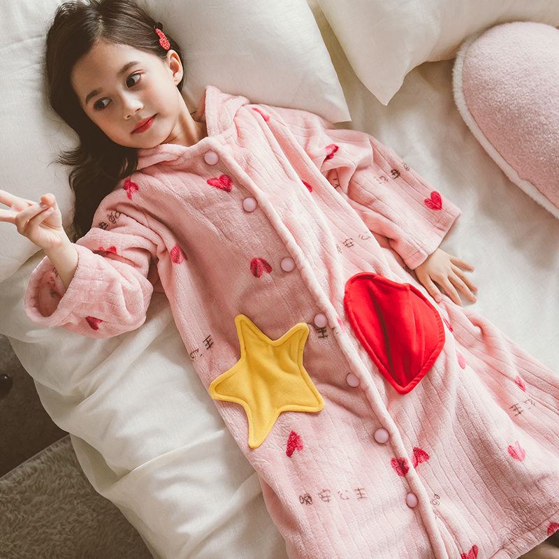 Söta koreanska barn pyjamas för flickor vintage barn badrockar pyjamas för flickor morgonrock morgonrock nattkläder varma barn morgonrock: Rosa / 7