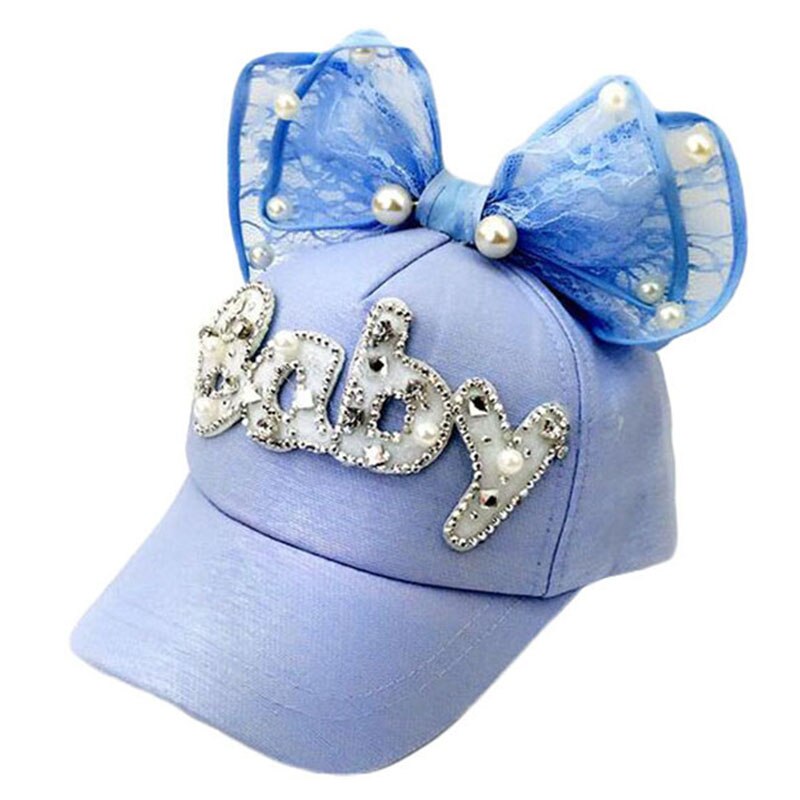 Cute Big Bow Girls Snapback Baseball Cap Children Mesh Hat Spring Summer Adjustable Snapback Casquette Kids Baby Pearl: Light blue