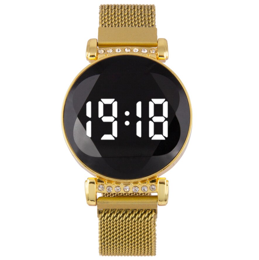 Meisjes trend elektronisch dameshorloge casual ronde led touchscreen dameshorloge magneetband damesstudentenhorloge: Gouden