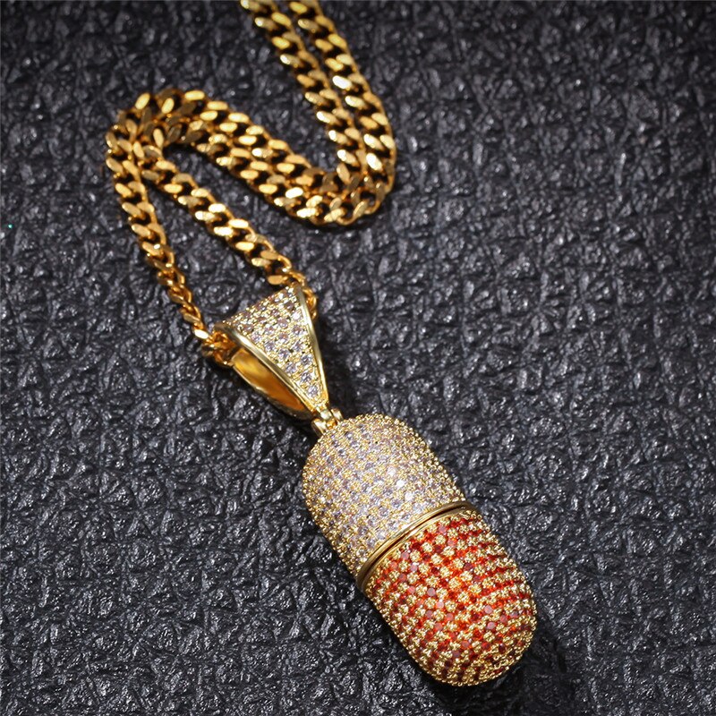 Pieno Zircone Cubico penna Della Capsula Della Pillola Pendenti con Gemme E Perle Collana di anca salto Bling Ghiacciato Fuori Rame medaglione Rapper Gioielli Staccabile Regalo: D