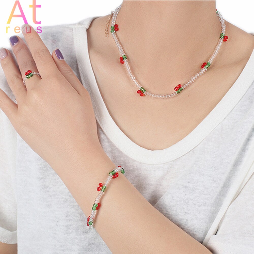 Zomer Strand Boho Transparante Kralen Cherry Sieraden Set Crystal Choker Ketting Voor Vrouwen Meisje Fruit Weave Kralen Armband Ring