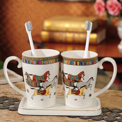 Juego de cerámica para baño, soporte y taza para cepillo de dientes, con bandeja, lavabo, par de cepillos de dientes eléctricos, 4 piezas: Style 2