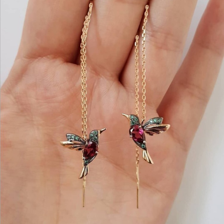 Unique Hummingbird Long Earrings Flying Bird Pendant Tassel Crystal Pendant Copper Earrings Ladies Jewelry: 3