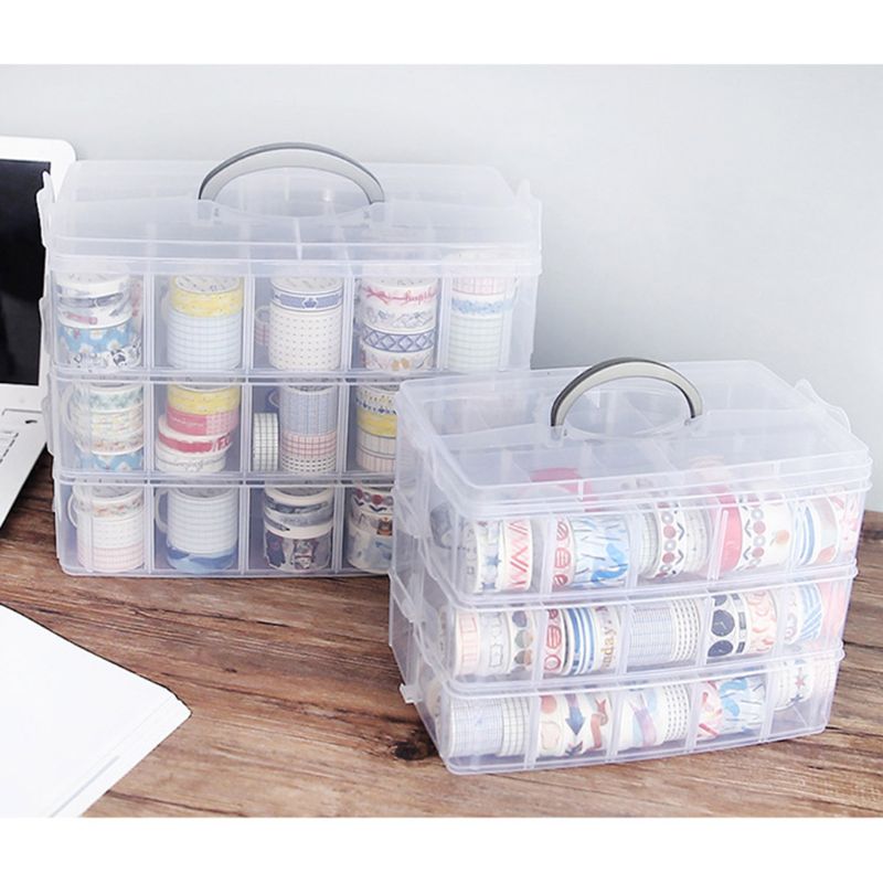 3-Layer Transparent Storage Box Clear Stationery Organizer Cosmetics Tape Art Supplies Case Holder with Detatchable Compartments