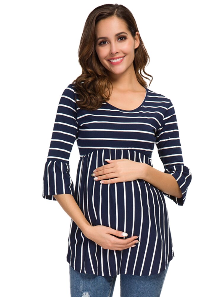 Summer casual Tunic Tops Women Tee Shirt Maternity Clothes Ruffles Plus Size Tees T-shirt Pregnancy Loose Womens Clothing: Blue / M