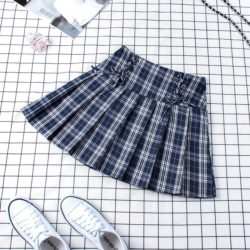 High Waist Pleated Skirt For Tennis Badminton Sport Strap With Inner Shorts Plaid Mini Training Skirt Cheerleading Uniform: Blue / L