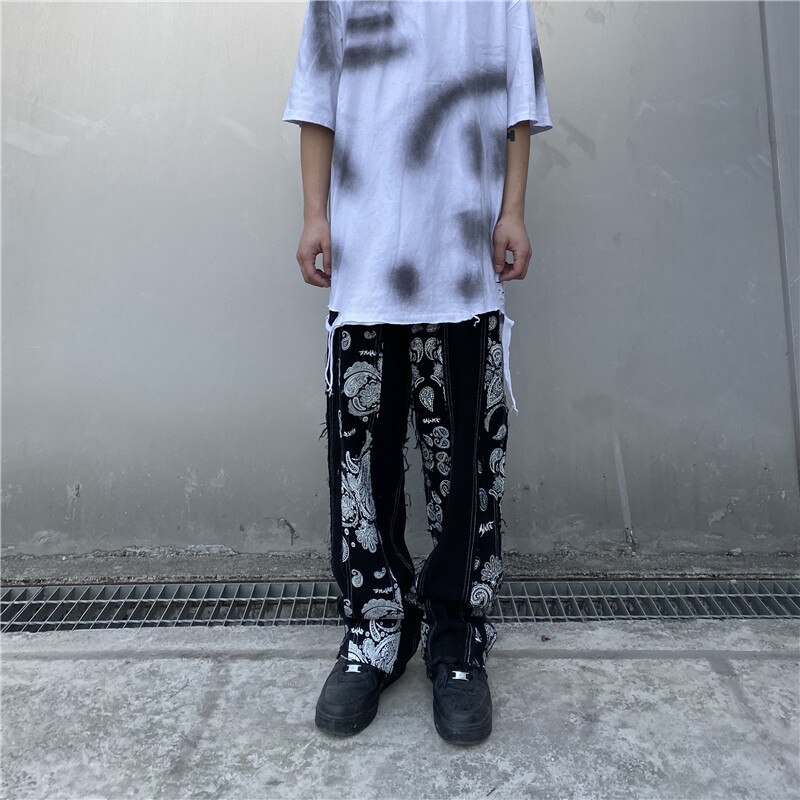 Mænd vintage mønster print straight jeans bukser mandlige ragged streetwear hip hop denim bukser