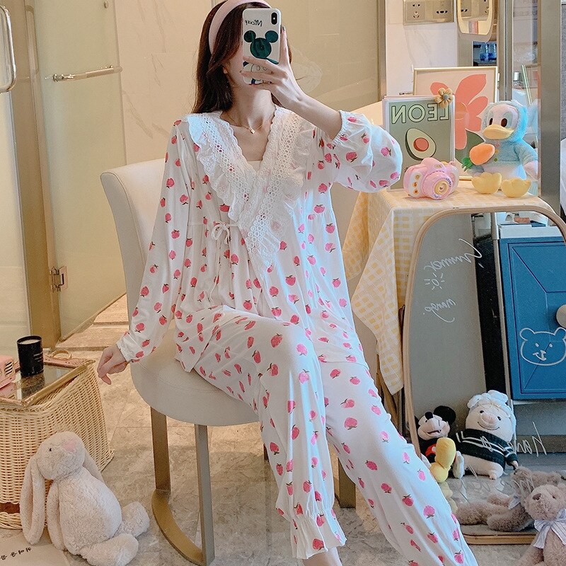 Nattøj til gravide kvinder pyjamas sæt 2 stk bomuld v krave ammetøj amme graviditet nattøj hjemmetøj