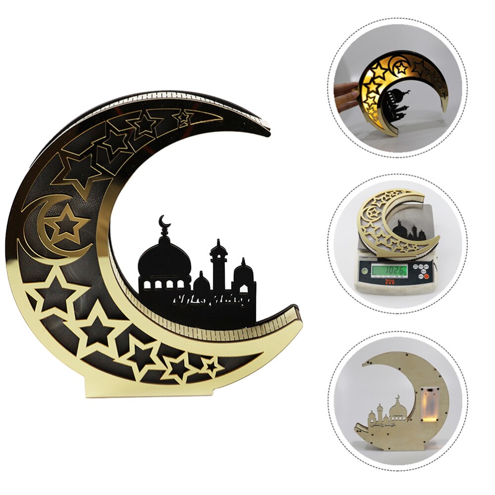 1Pc Houten Lamp Islam Mindere Bairam Led Licht Moslim Maan Lamp Ornament: Default Title