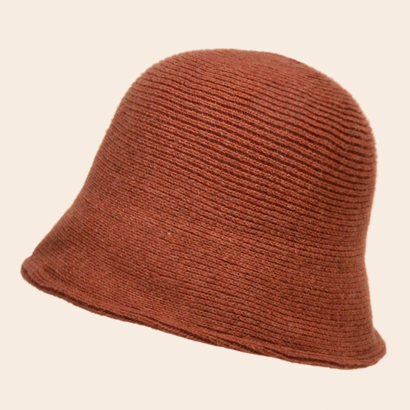 Women Wool Knitted Cylind Bucket Hat Korean Japanese Retro Autumn Winter Bell Cap Men Fisherman Hat Girl Fedora Hat: Brick red