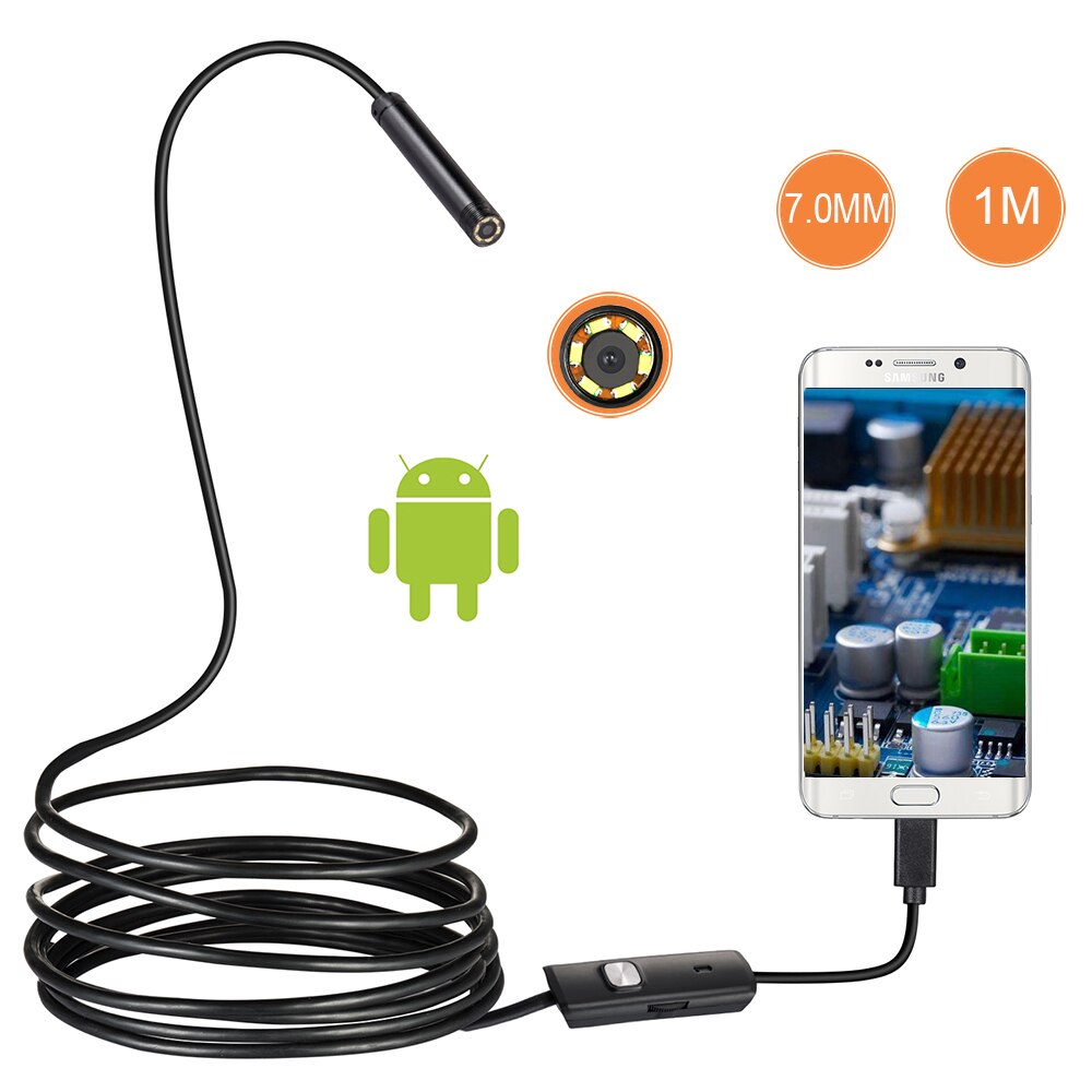 Cámara endoscópica USB para teléfonos Android, boroscopio de inspección con lente de 1/2/1, 5M, 7mm, impermeable, tubo de serpiente de alambre, Compatible con OTG