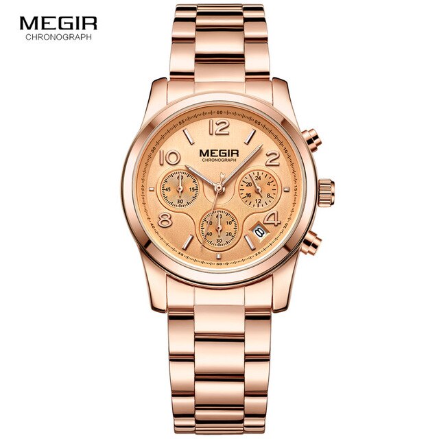 Reloj Megir mujer cronógrafo reloj de cuarzo con oro de acero inoxidable brazalete de acero 24 horas calendario pantalla reloj de pulsera para mujer 2057: MS2057 Rose