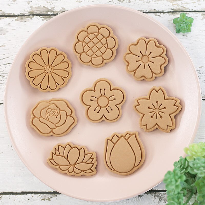8 Pcs/set Cookie Cutters Plastic 3D Flower Shape Cartoon Pressable Biscuit Mold Cookie Stamp Kitchen Baking Pastry Bakeware