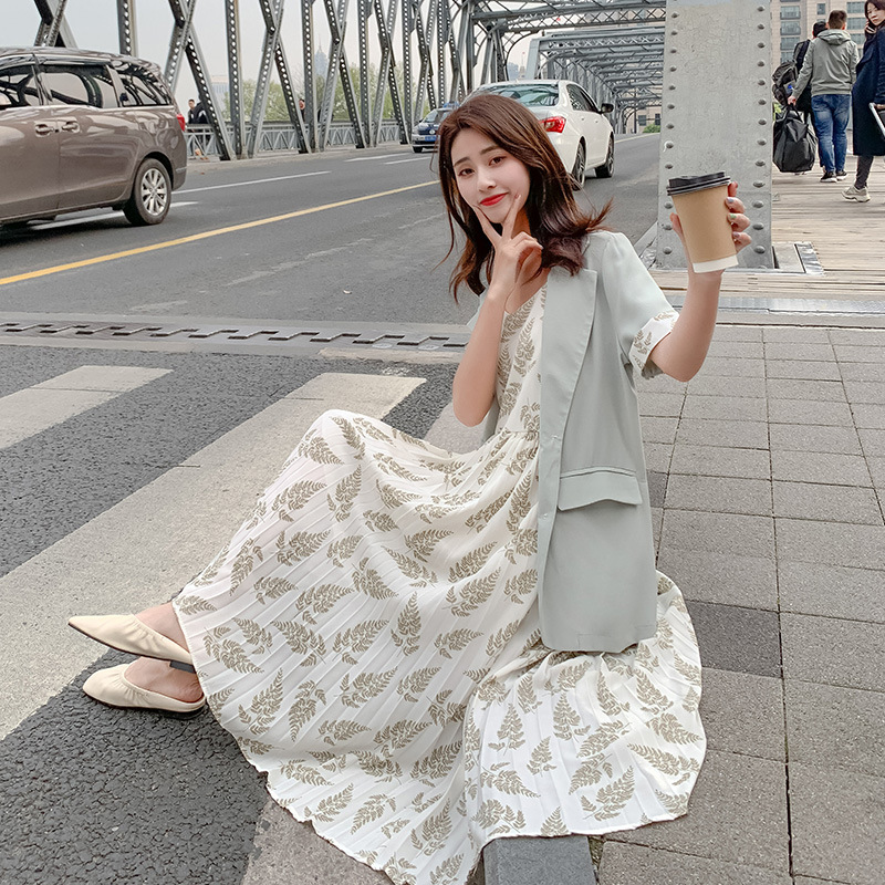 Yasuguoji sommer kvinne kortermet blazer med blomsterprint lang kjole dresser 2 to deler sett dress kvinner: Grønn / L