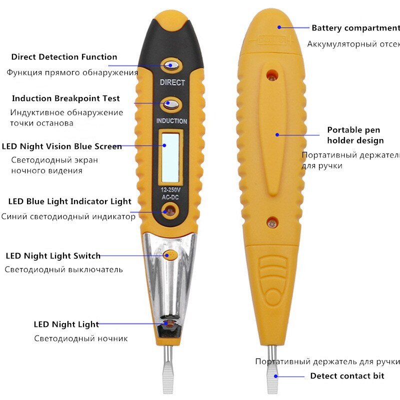 12-250v ac dc spændingsdetektor elektrisk indikator tester pen tester meter volt strøm elektrisk test blyant med led lys