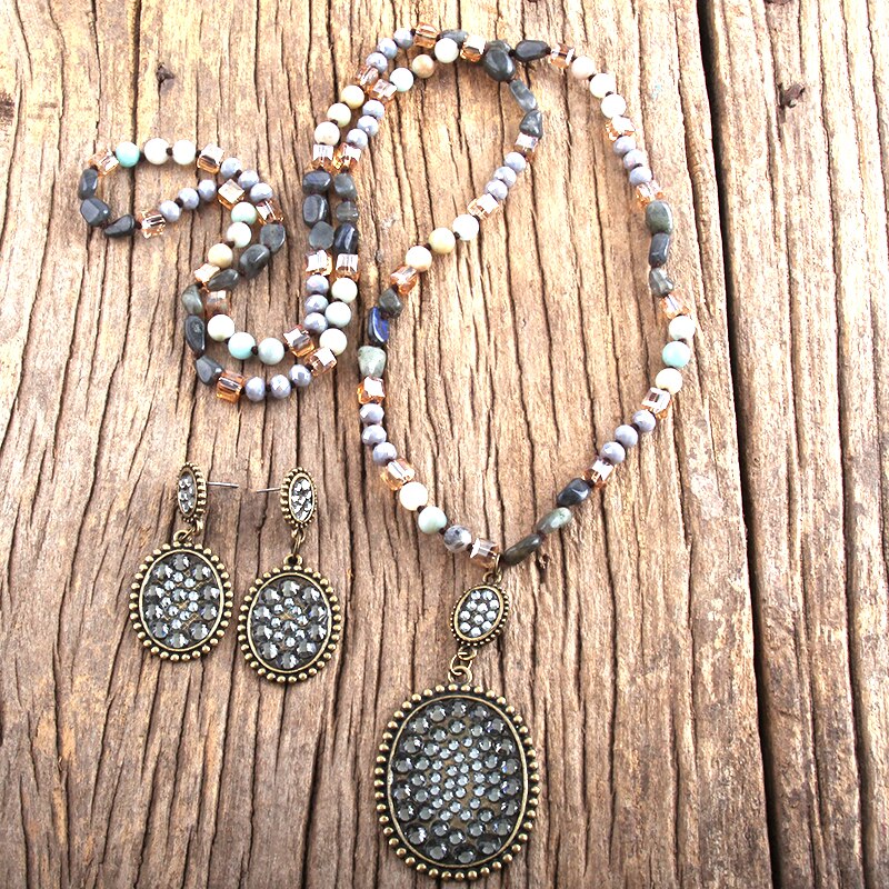 RH Boho Schmuck Set Semi Kostbare Stein & Glas Verknotet Pflastern Kristall Anhänger Halskette Ohrring Set Frauen: gray