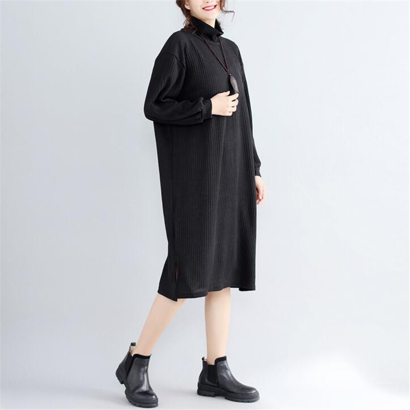 Women Autumn Winter Sweater Dresses loose casual Turtleneck plus size black gray Robe Long Knitted Dress