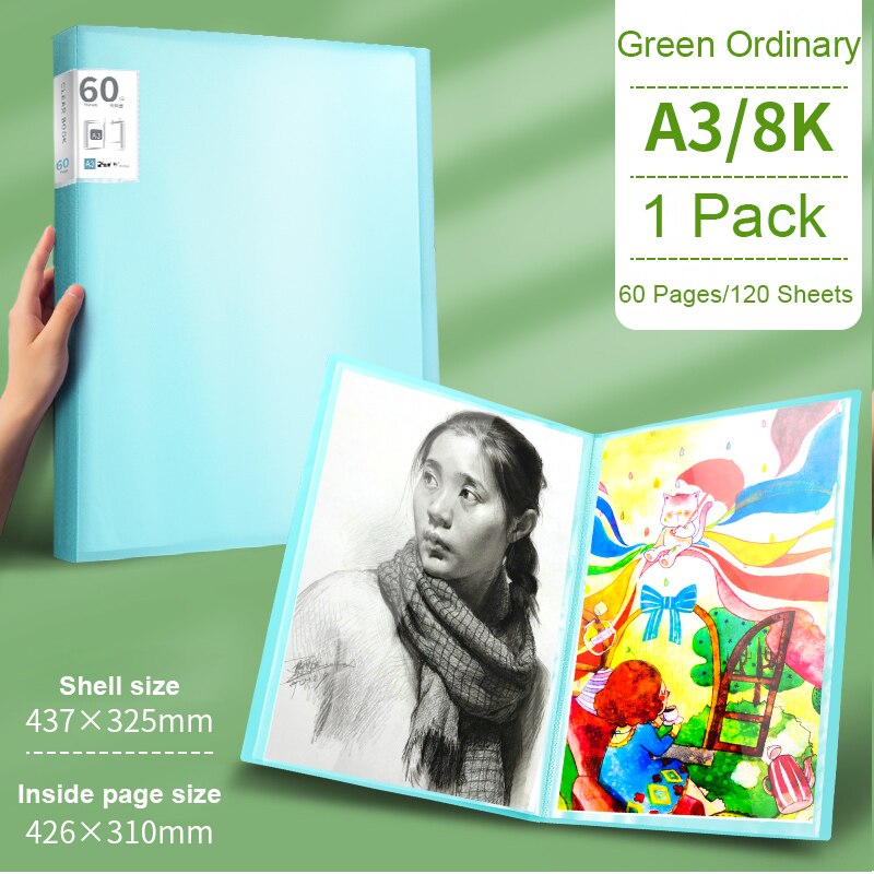 File Folder A3 Picture Certificate Storage 30/40/60 Pages Insert Brochure Poster Art Works Collection Paintings Favorites: A3 green 60 pages