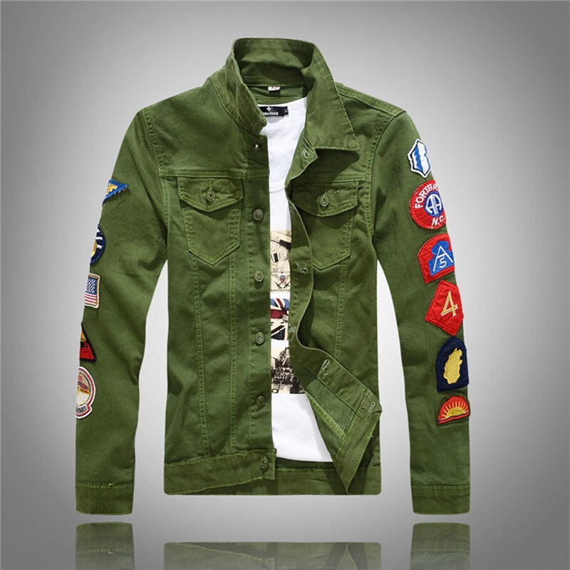 Streetwear punk stil herre jakke hvid grøn farve patches splejset hip hop denim jakke herre bomber jakker frakke homme