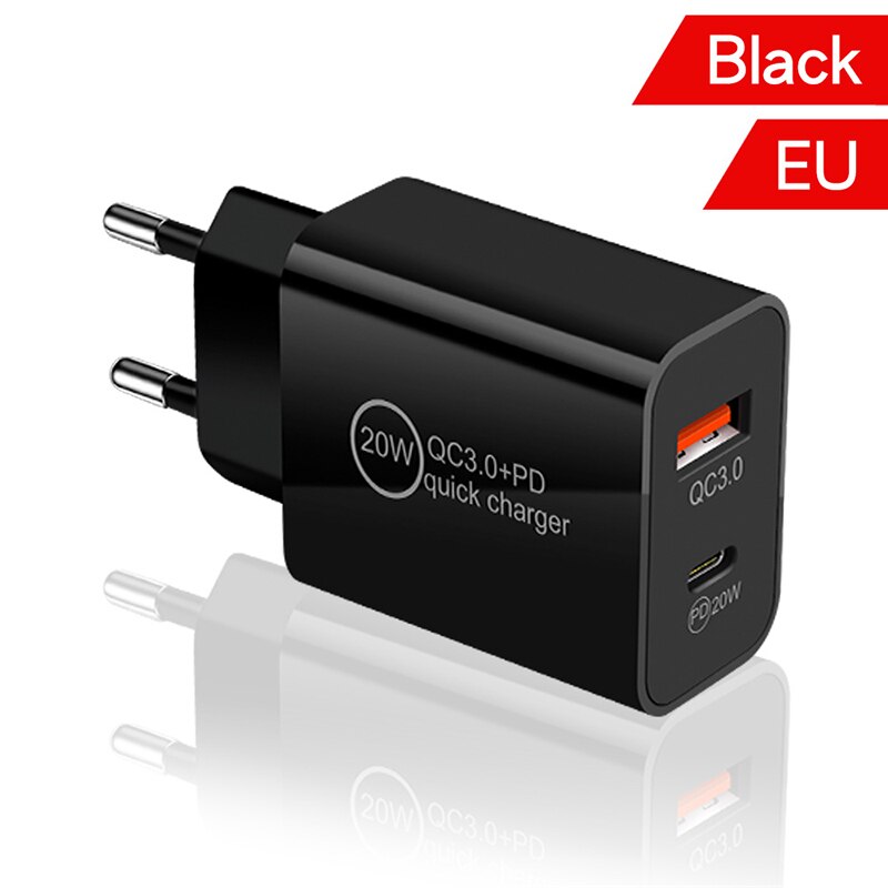 Charge rapide d'origine Apple 20W QC 3.0 PD pour Apple iPhone 12 11 Pro Max Xiaomi Samsung Usb Type C chargeur rapide adaptateur de chargeur de téléphone de voyage: EU-Black