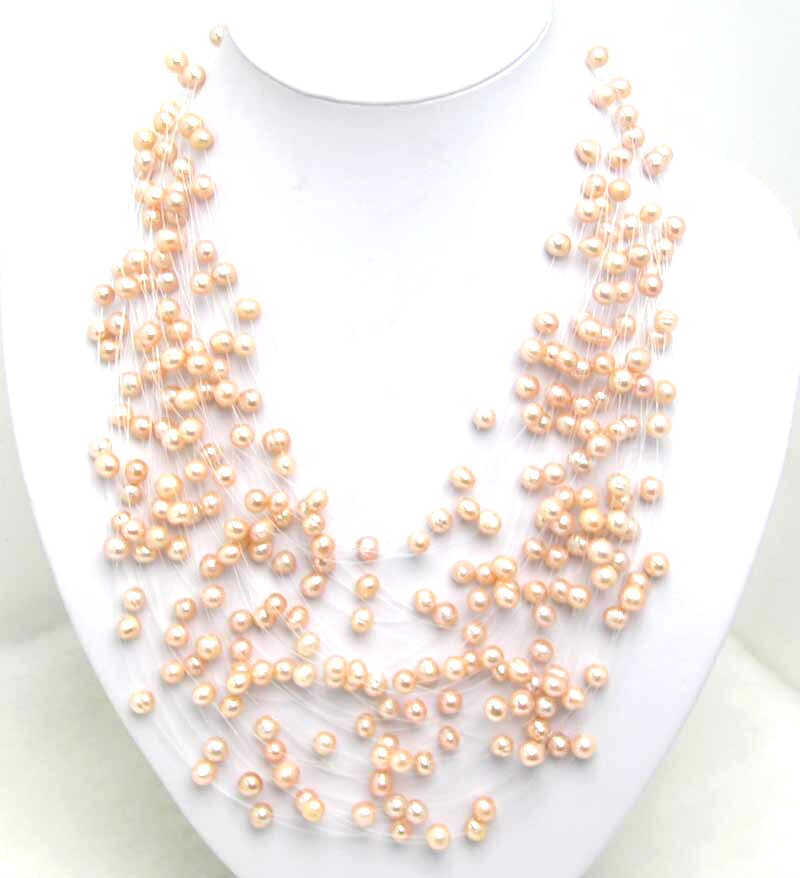 Qingmos Pearl Necklace for Women - 6-7mm Round Freshwater Pearls - 8 to 20 Strands - 18-20 Inch Length: Pink 20 strands