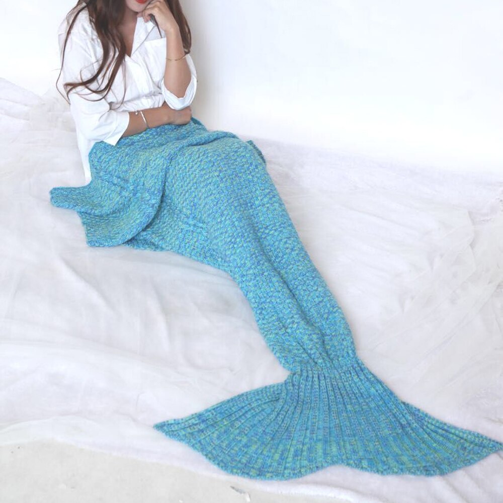 Mermaid Tail Blanket Crochet Mermaid Blanket for Adult, Soft All Seasons Sleeping Blankets 5 Colors: sky blue