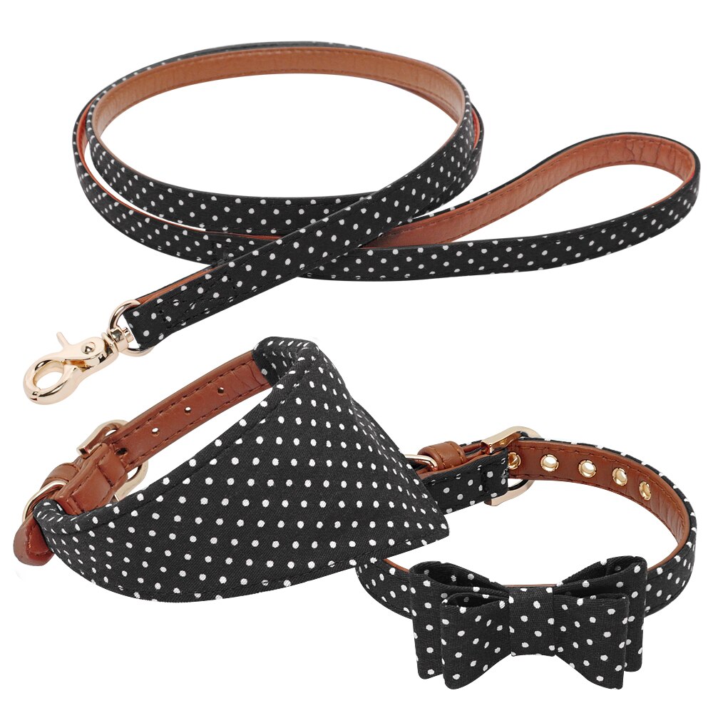 Hond Kat Bandana Kraag Hond Wandelen Leash Leuke Polka Dot Strik Lederen Halsbanden Leash Set Voor Kleine Middelgrote Honden dierbenodigdheden: Black / M