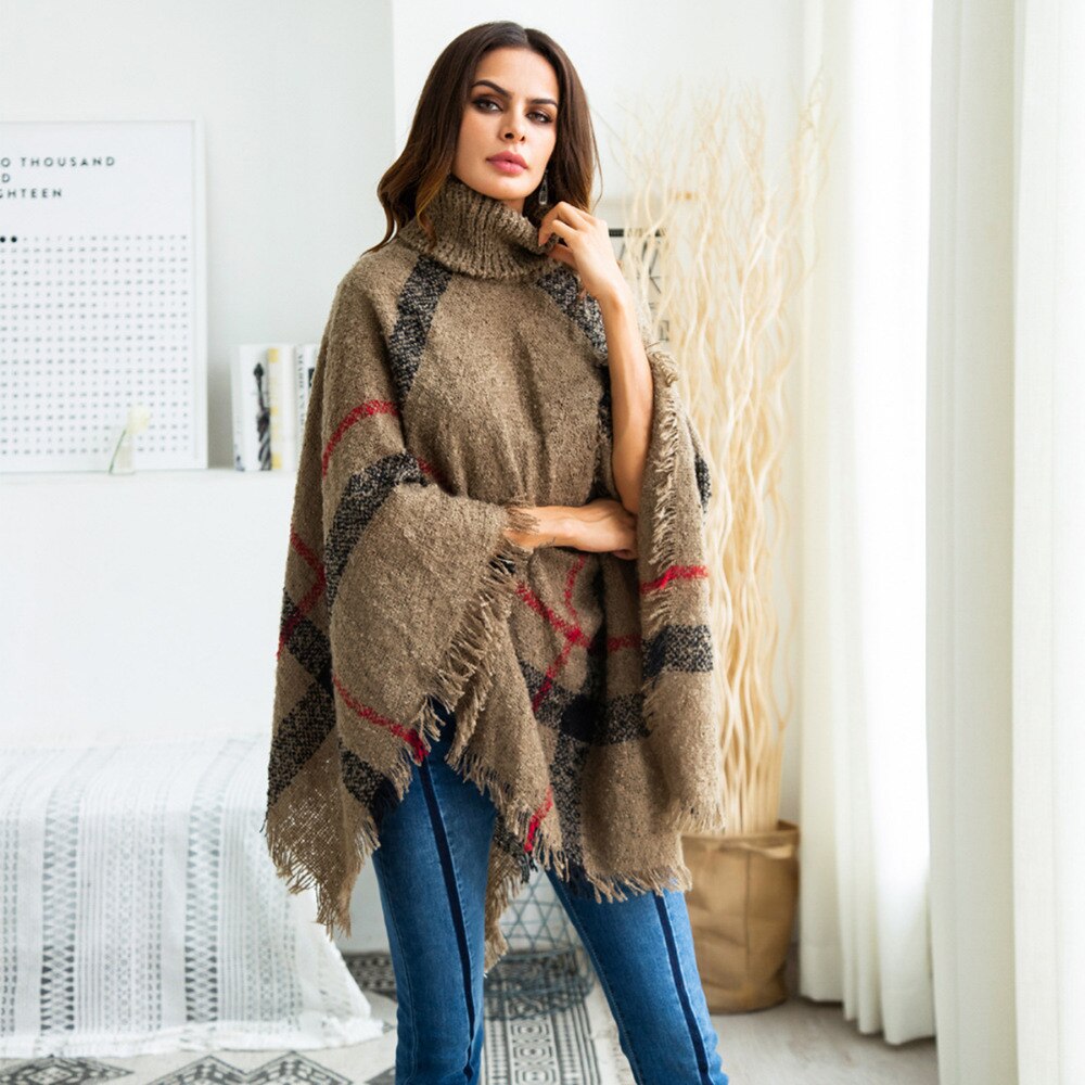 NORA TWIPS Women Sweater Plus Size Women's Wool Plaid Cardigan Turtleneck Cape Batwing Sleeve Knit Poncho Sweater