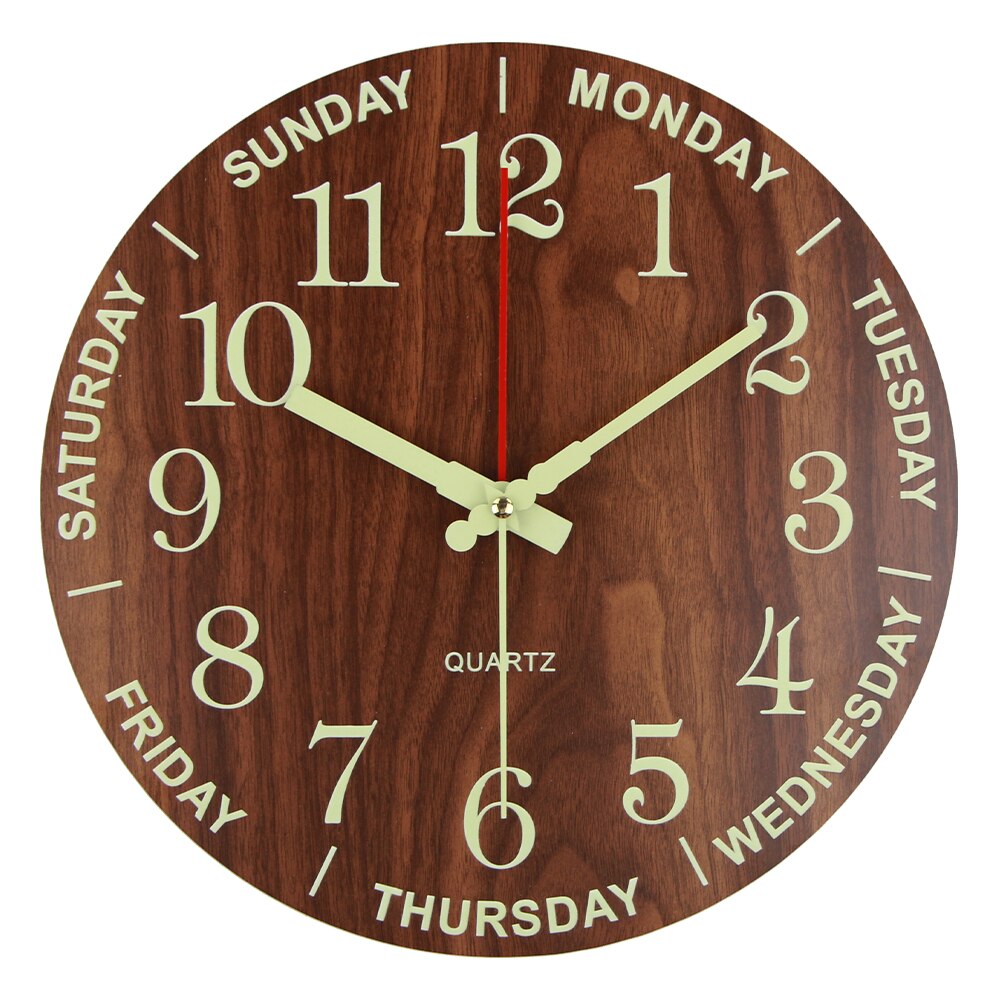 12 Inch Grote Lichtgevende Moderne Eenvoudige Houten Klokken Retro Ronde Luxe Woonkamer Home Decor Wandklok Met Week horloge