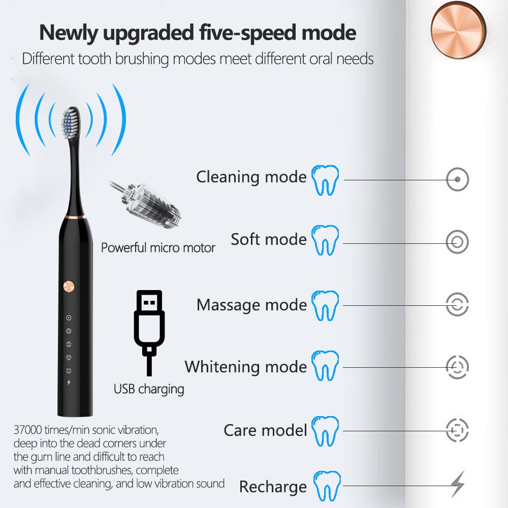 Ultrasonic Sonic Electric Toothbrush USB Rechargeable Tooth Brush Adult Electronic Washable Whitening Relax Teeth Brush