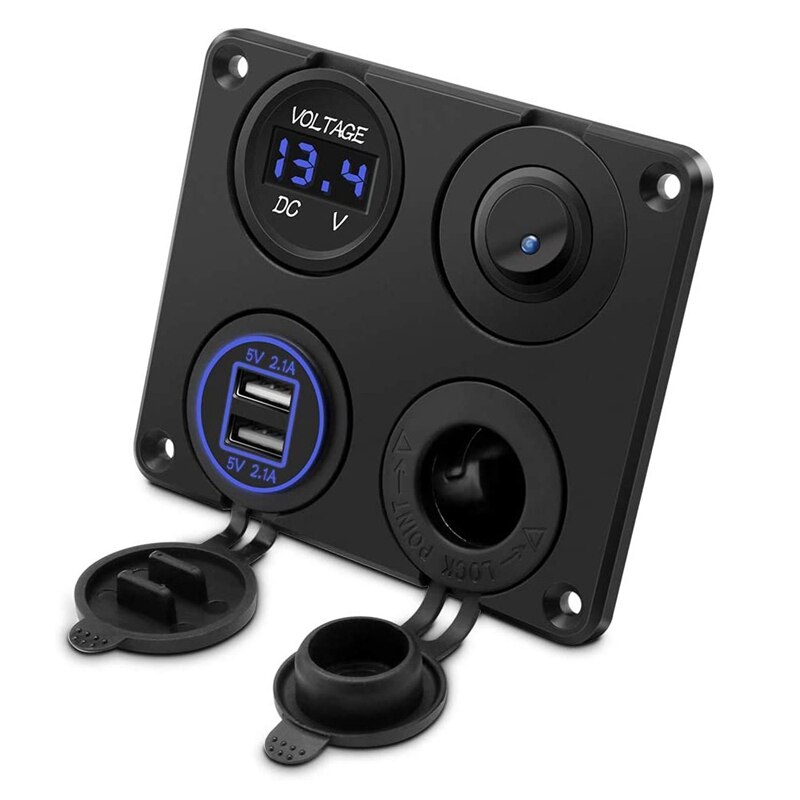 Led Voltmeter Met Dual Usb-poorten & Car Charger Voor Auto/Boot, Led Schakelpaneel, 12-24V Stopcontact Aan-uit Schakelaar: Black Blue Word