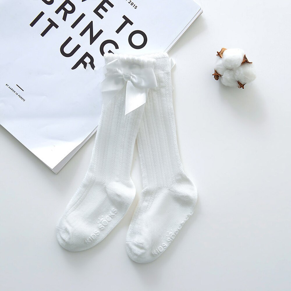Baby Little Girls Breathable Socks Cute Bowknot Knee High Children Tube Socks Bows Solid Color Kids Socks: White / 0-1 year