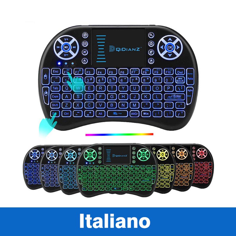 I8 baggrundsbelyst tastatur på 2.4 ghz understøtter flere sprog, der er egnede til mini-tv-set-top-bokse: Italiensk