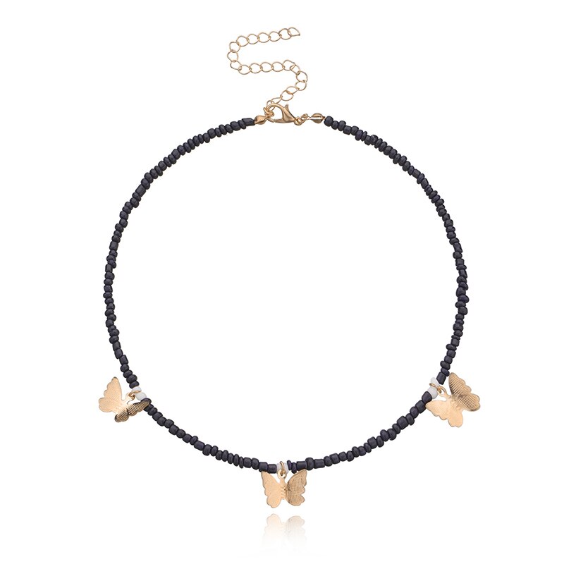 Boho-stijl kleine kralen vlinder hanger ketting voor vrouwen boho korte choker bedel boho ketting coole nek sieraden: Zwart