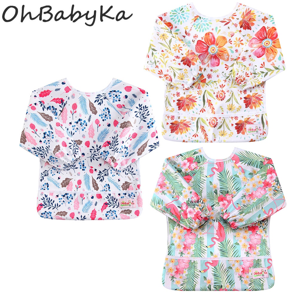 Ohbabyka bolsillo Baberos para comer bebé ducha impermeable manga larga alimentación de Bebé Ropa Unisex para niños 6-24Month 3 unids/pack